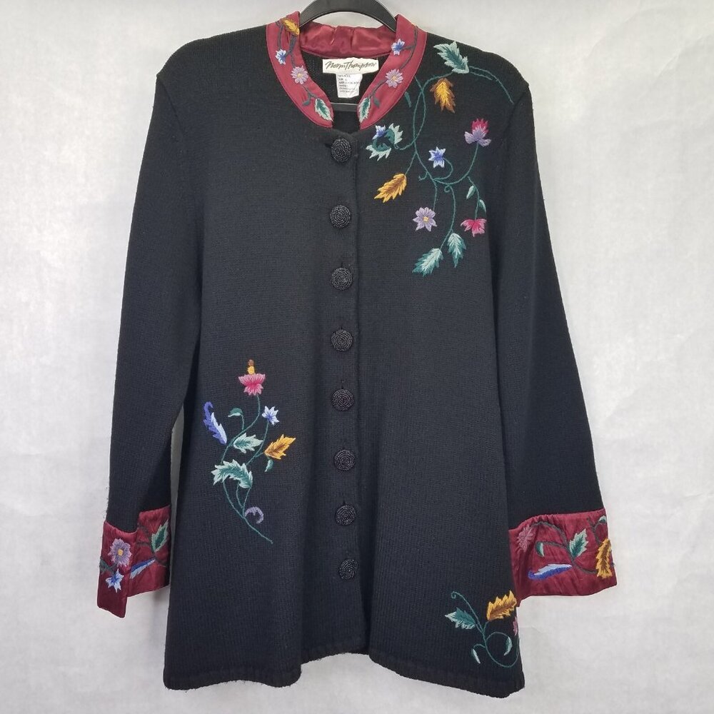 VTG Norm Thompson Wool Cardigan Sweater XL Black Satin Collar Floral Embroidery
